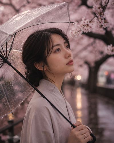 A Japanese woman stands under blooming cherry blossoms in spring rain.