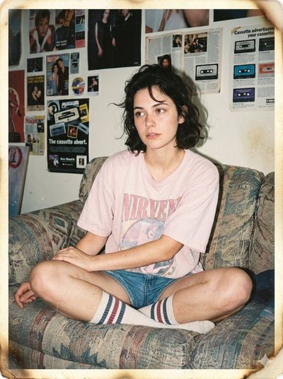 A young woman sits pensively on a worn vintage couch in her retro bedroom.