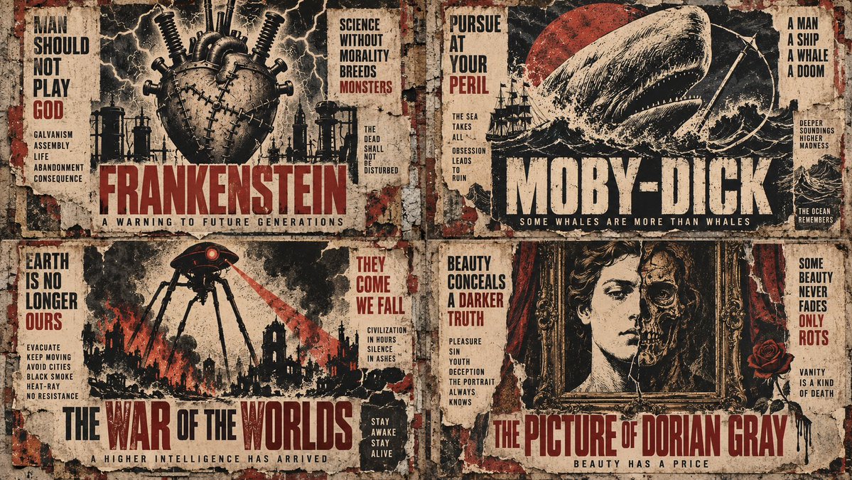 Weathered poster campaign with four classic book covers