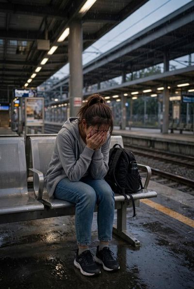 Young Woman Cries Alone on Rainy Train Station Platform