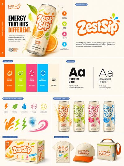 ZestSip: Playful High-End Energy Drink Branding