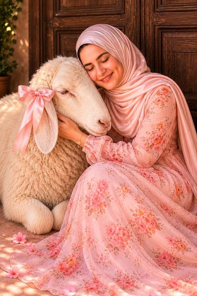 Young woman in floral dress rests beside a fluffy sheep with a pink bow.