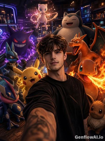 Content creator takes a selfie with Pokémon in a futuristic studio