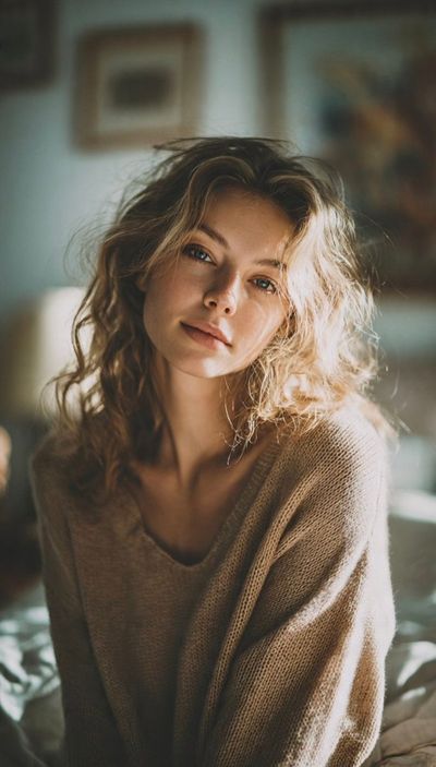 Golden morning light reveals a woman's serene expression in knitwear
