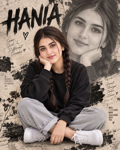 Smiling Woman Sits Cross-Legged in Mixed-Media Collage Portrait