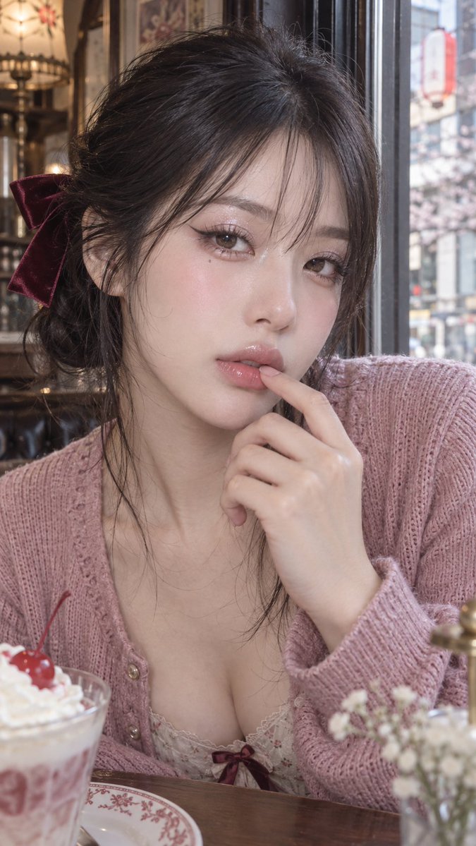 East Asian Woman Touches Lip in Soft Window Light Portrait