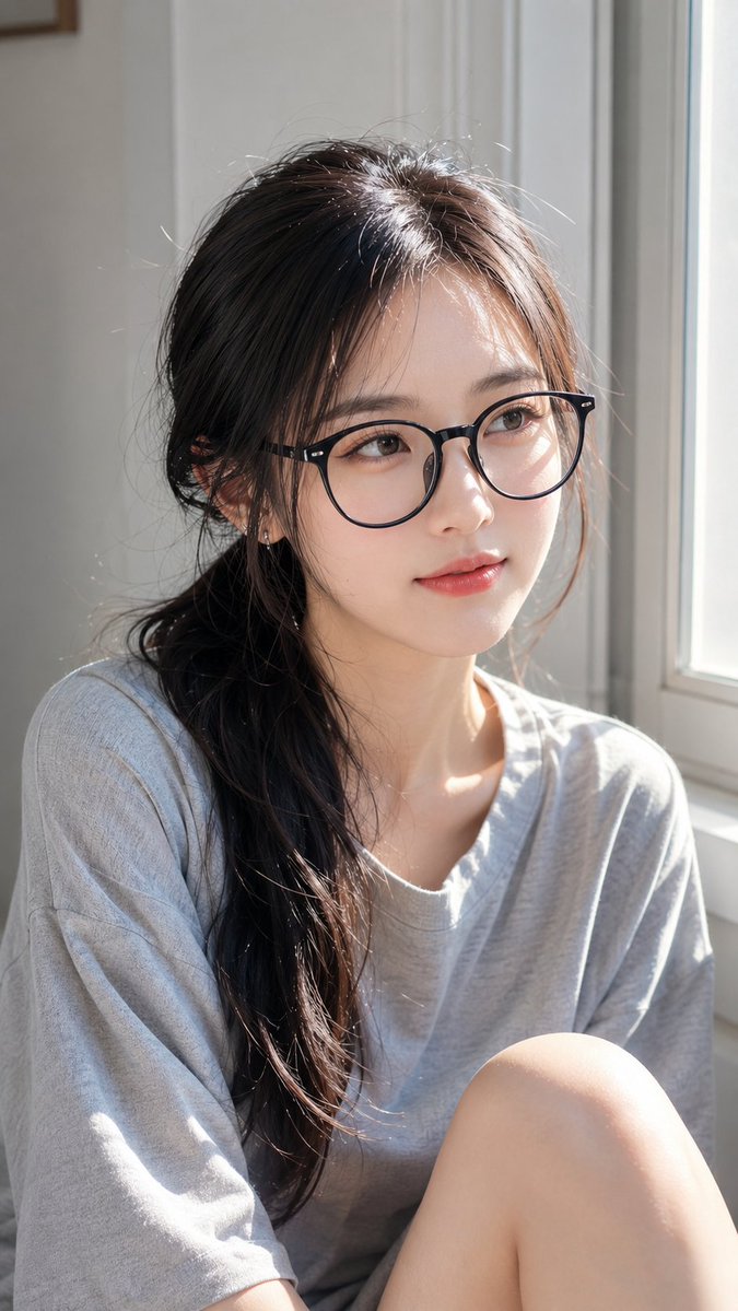 Sunlit woman with messy hair sits peacefully by a bright window