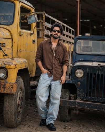South Asian boy poses by vintage trucks in abandoned yard