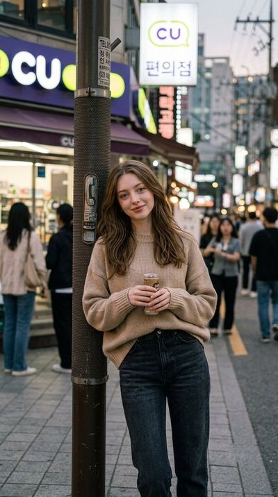 Young woman walks a quiet Seoul street at golden hour