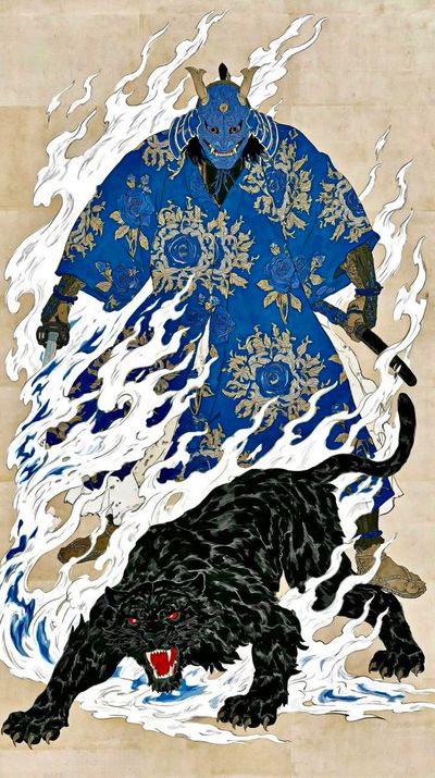 An Oni Samurai in gold kimono stands with a black panther.