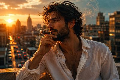 A rugged bearded man exhales cigar smoke on a rooftop at golden hour