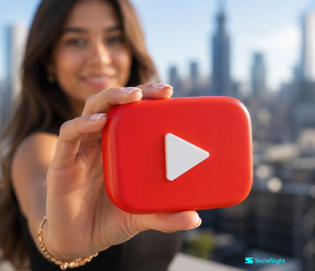 A stylish woman holds a 3D YouTube icon in daylight