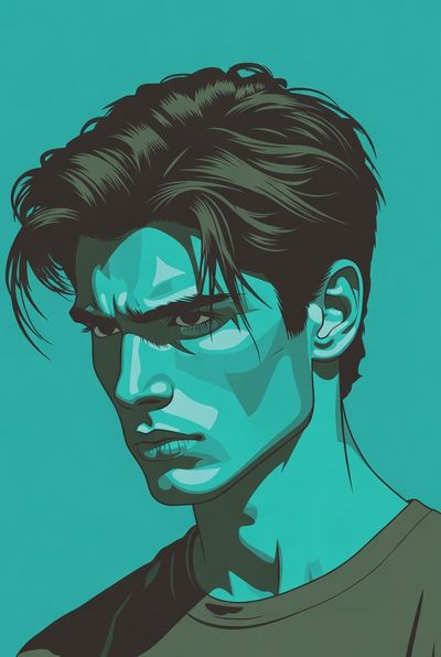 A minimalist vector portrait with intense downward gaze