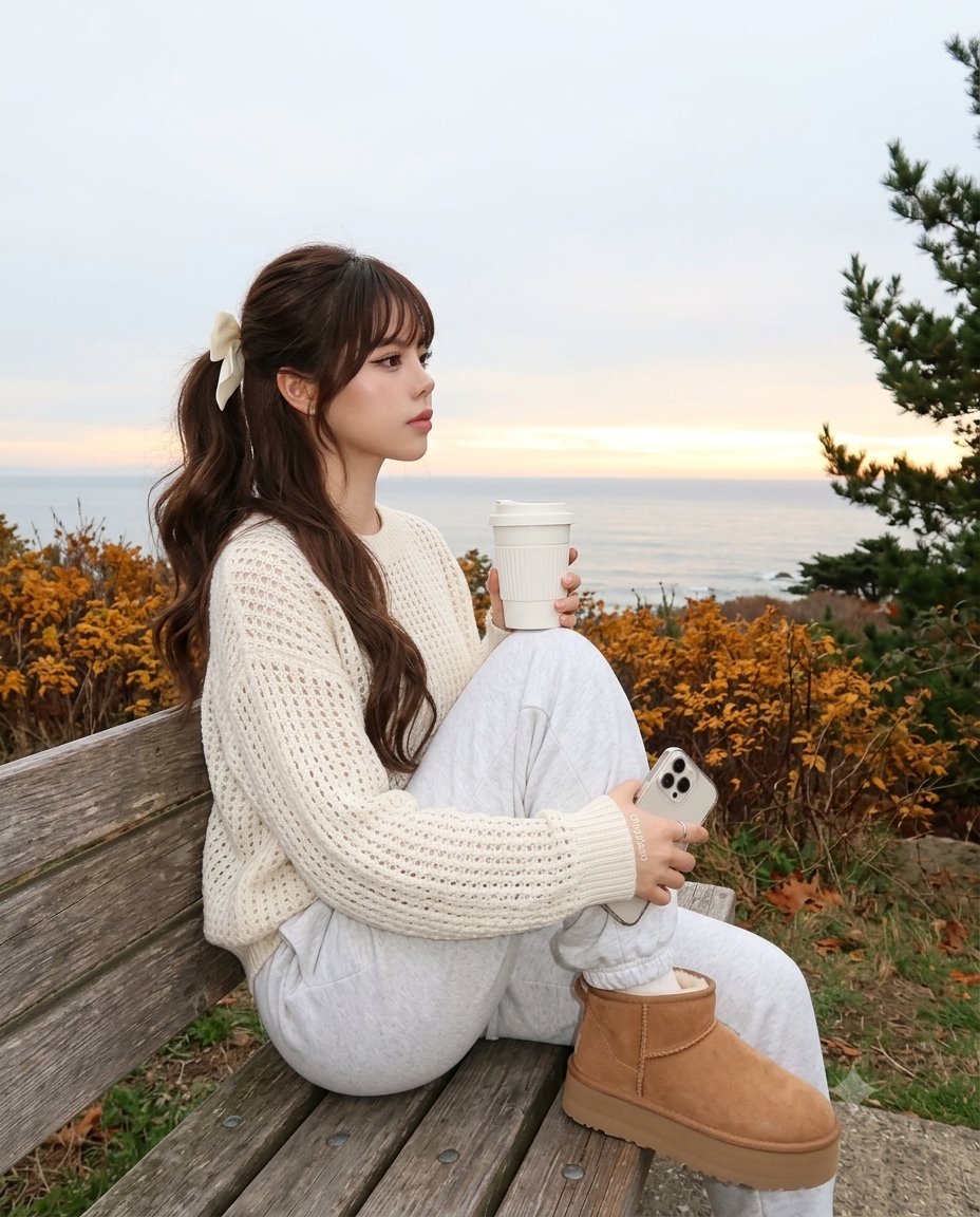 Woman in ivory knit gazes at sea from weathered bench