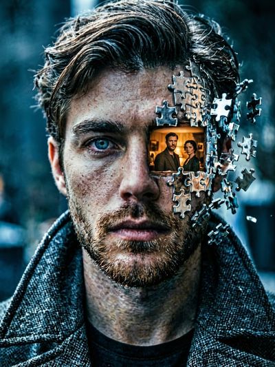 Fragmented Identity: Hyper-Realistic Portrait with Puzzle Piece Disintegration