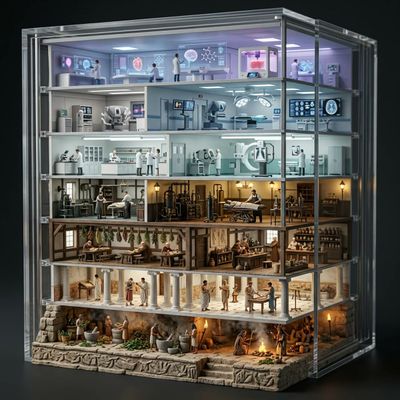 Layered Evolution of Medicine in a Hyper-Realistic Cube