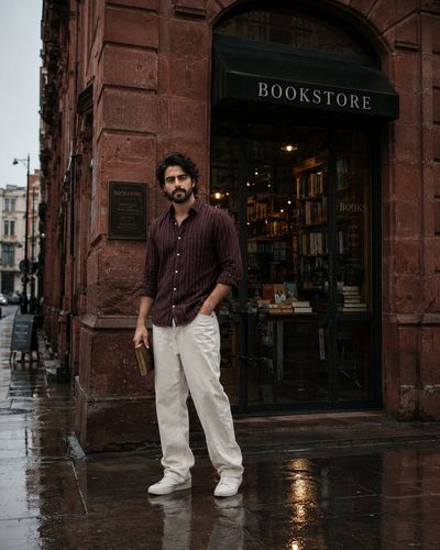 A young man stands by a red stone bookstore in the rain.