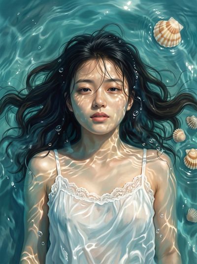 Girl floats beneath sunlit water as seashells drift around her