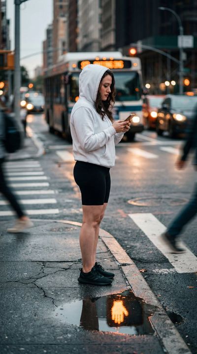 Urban Stillness: Kat Dennings Pauses at a Rainy City Crosswalk