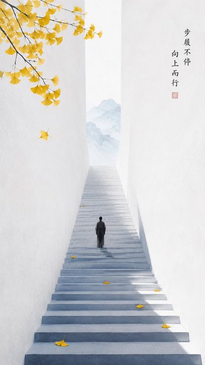A lone figure climbs long steps under autumn's gentle light