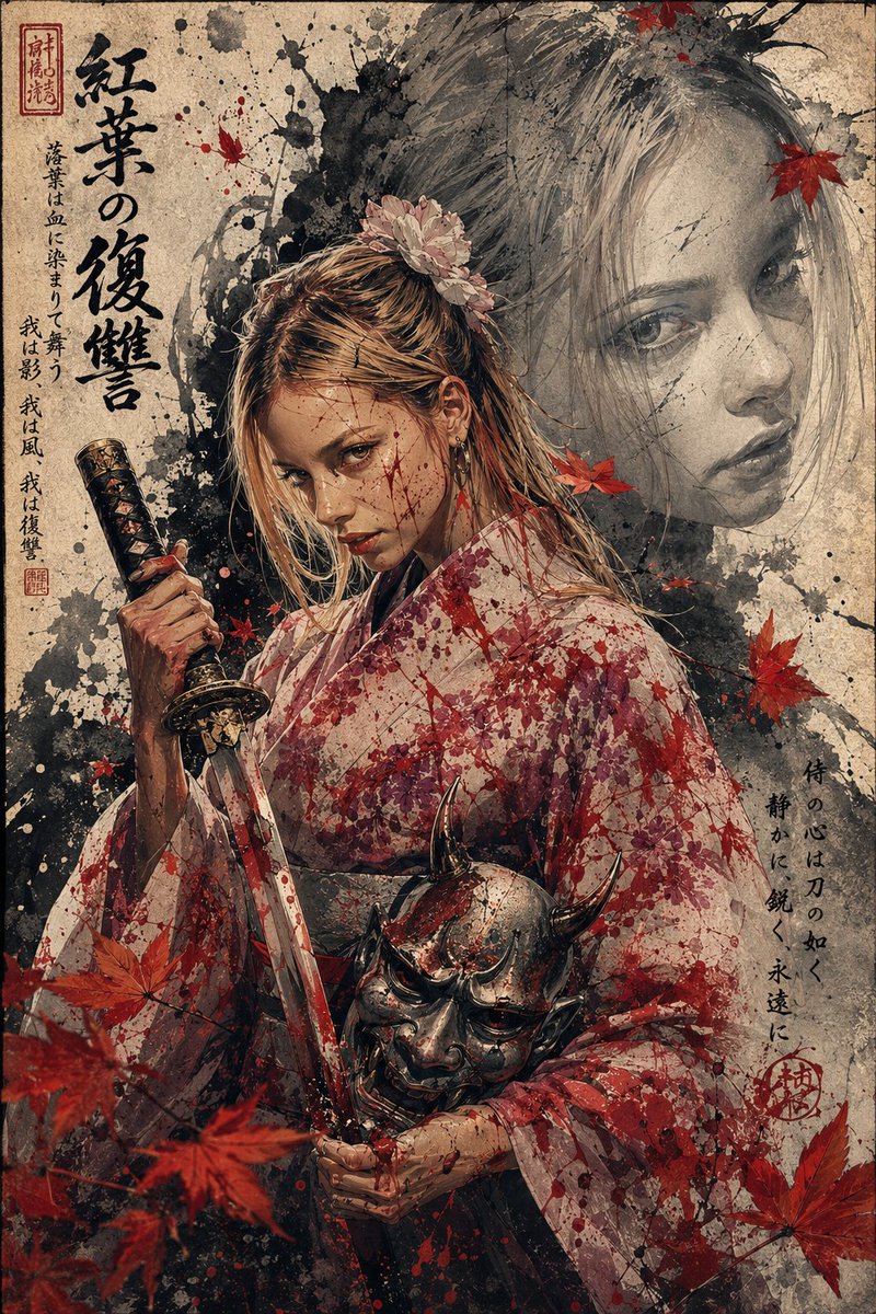 Scarred warrior holds katana and oni mask in dark ink