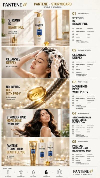Luxury Pantene storyboard grid with five golden scenes in vertical format.