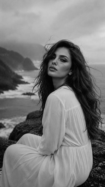 Woman in white dress sits on misty coastal rocks with wind-tossed hair.