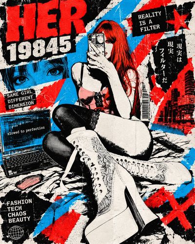 Bold red and cyan pop-art collage frames a model in urban editorial style
