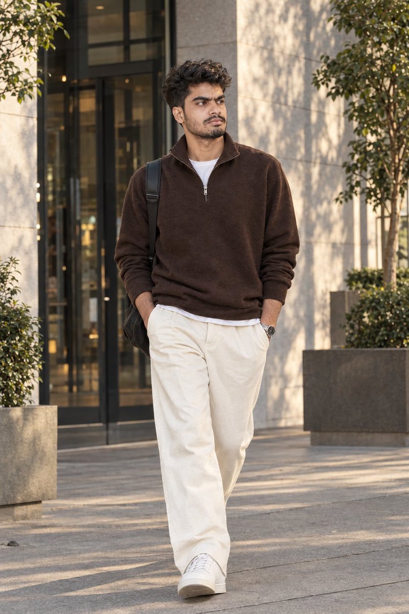 Cinematic full-body portrait of man walking outside modern luxury building