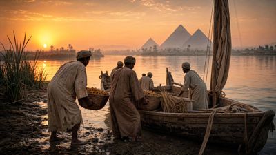 Egyptian farmers load dates onto a felucca at sunrise on the Nile