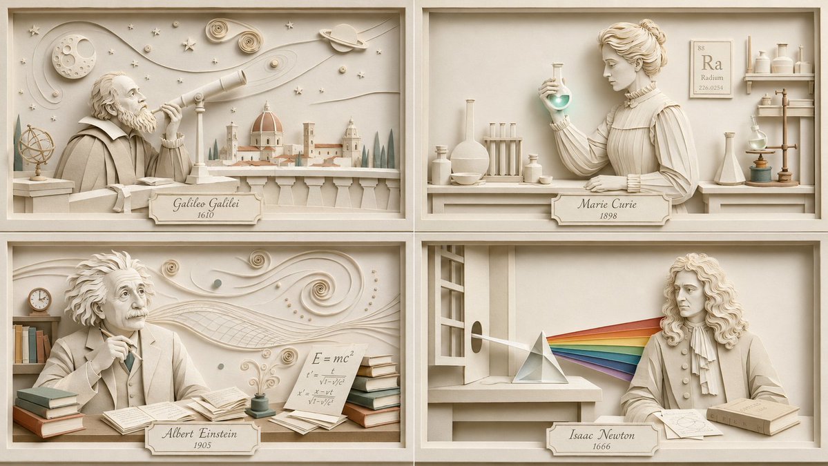 Einstein's thought experiment unfolds in layered ivory paper.