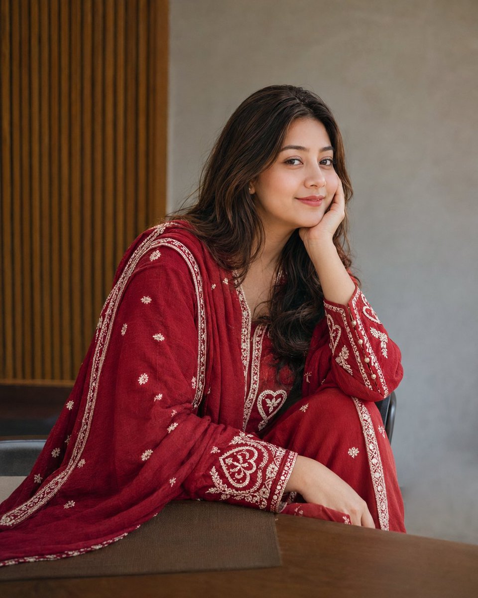 Pakistani woman in red shalwar kameez enjoys latte at rustic café