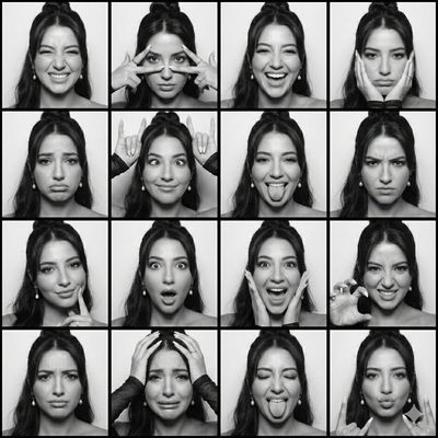 16 Faces, One Woman: A Black-and-White Photobooth Grid