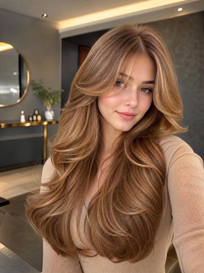 Young woman with honey blonde waves takes a selfie in elegant interior