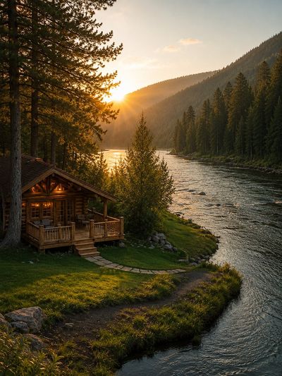Golden hour illuminates a cozy log cabin beside a mountain river