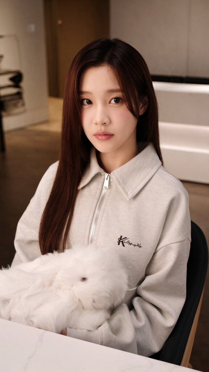 Young woman cuddling a white bunny in a bright minimalist cafe