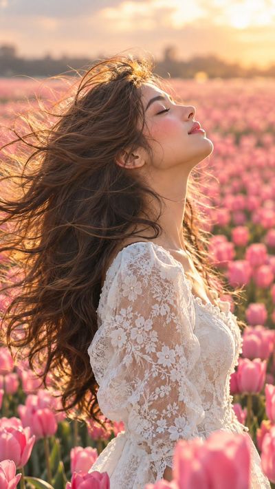 Serene Woman Basking in Golden Light Amid Pink Tulips