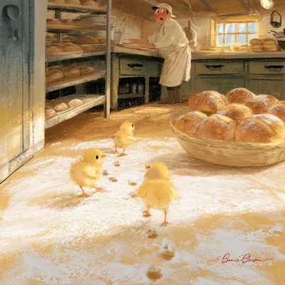 Three Chicks March Across Floury Bakery Kitchen at Dawn