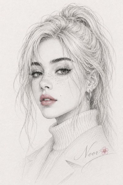 A delicate graphite sketch captures a dreamy blonde girl's portrait