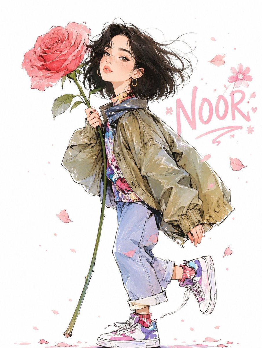 A woman in an olive jacket holds a giant pink rose