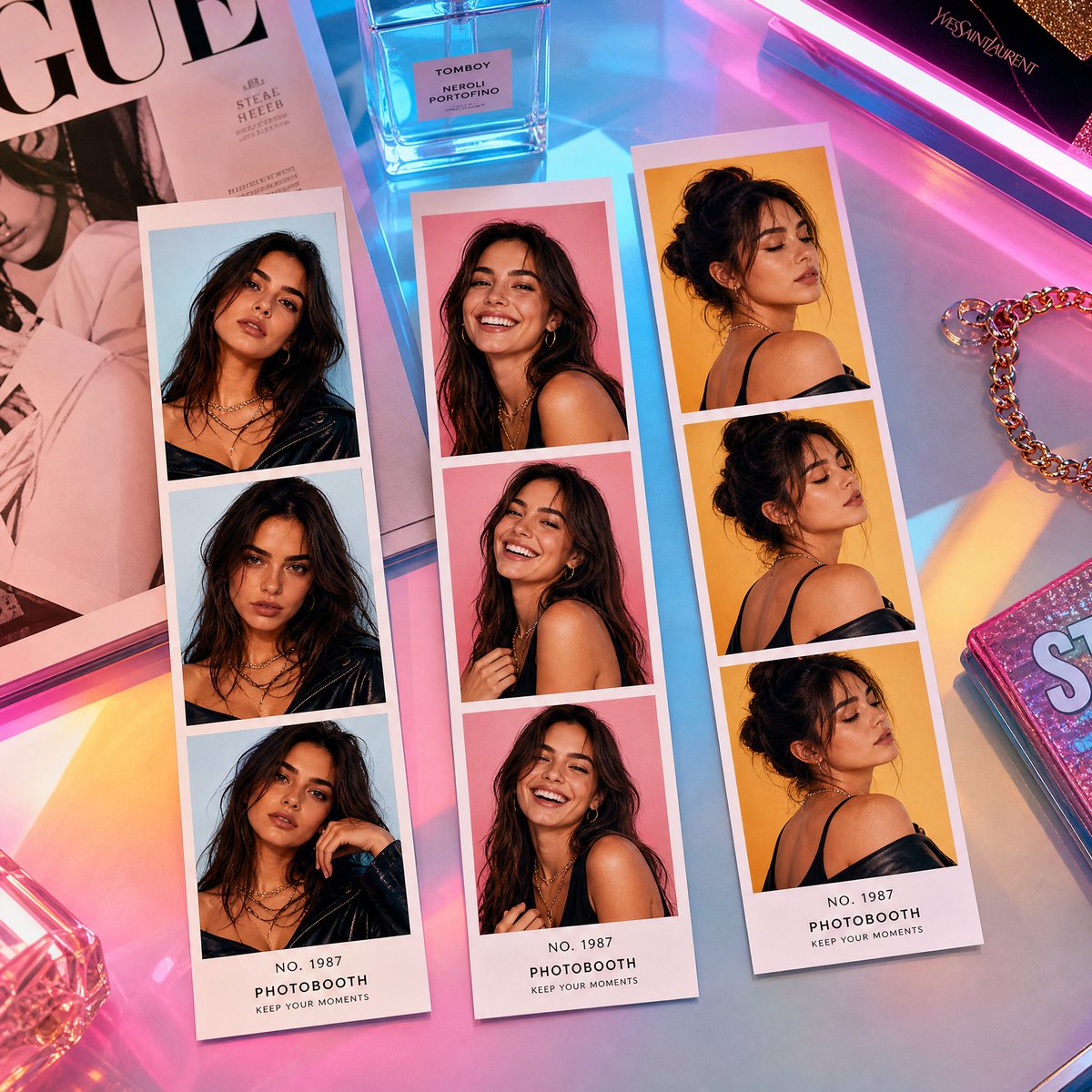 Three vibrant photobooth strips show a stylish woman's confident poses.