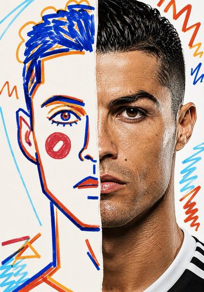 Cristiano Ronaldo's split portrait blends realism with bold crayon strokes