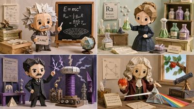 Four famous scientists pose as cute origami figures in labs