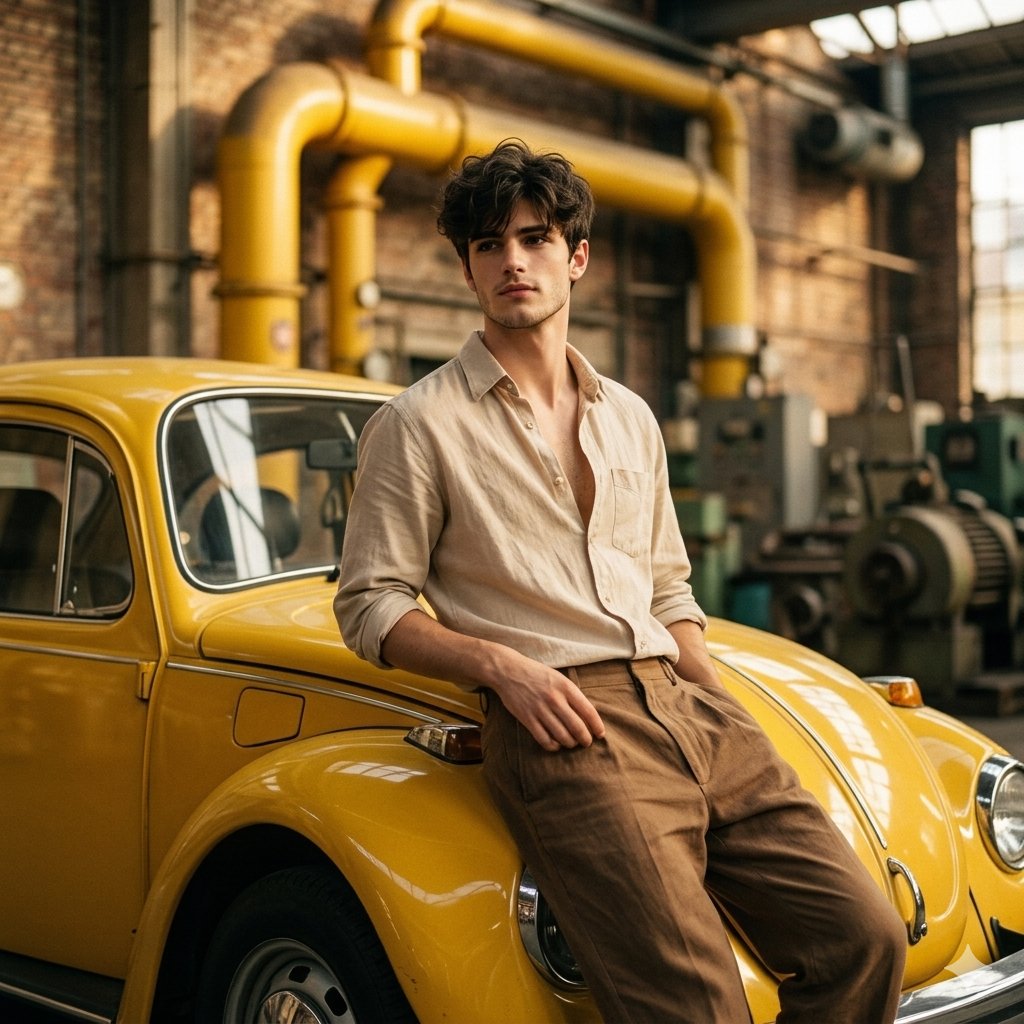 Vintage Warmth: Man Leaning on Yellow Classic Car