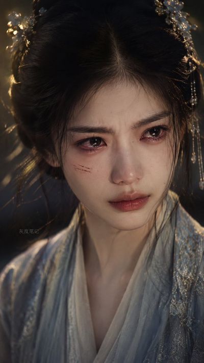 A stoic Chinese maiden's tearful eyes convey deep hatred.
