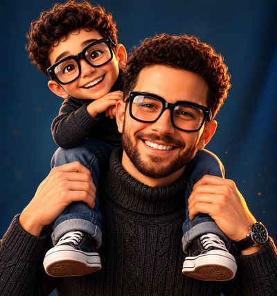 A curly-haired man in glasses laughs with his mini-me on his shoulders.