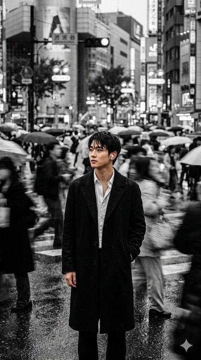 A lone man in black coat searches through blurry crowd