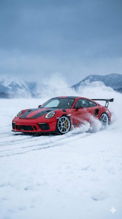 Red Porsche Drifting Through a Snowstorm