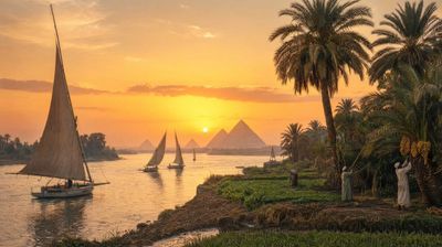 Feluccas glide on the Nile at sunset near ancient pyramids