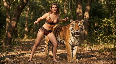 Regal Strength: Lingerie Elegance Meets Majestic Lion in Forest Clearing